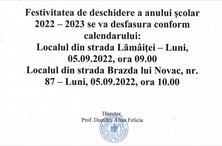 Anunt deschiderea anului scolar 2022-2023